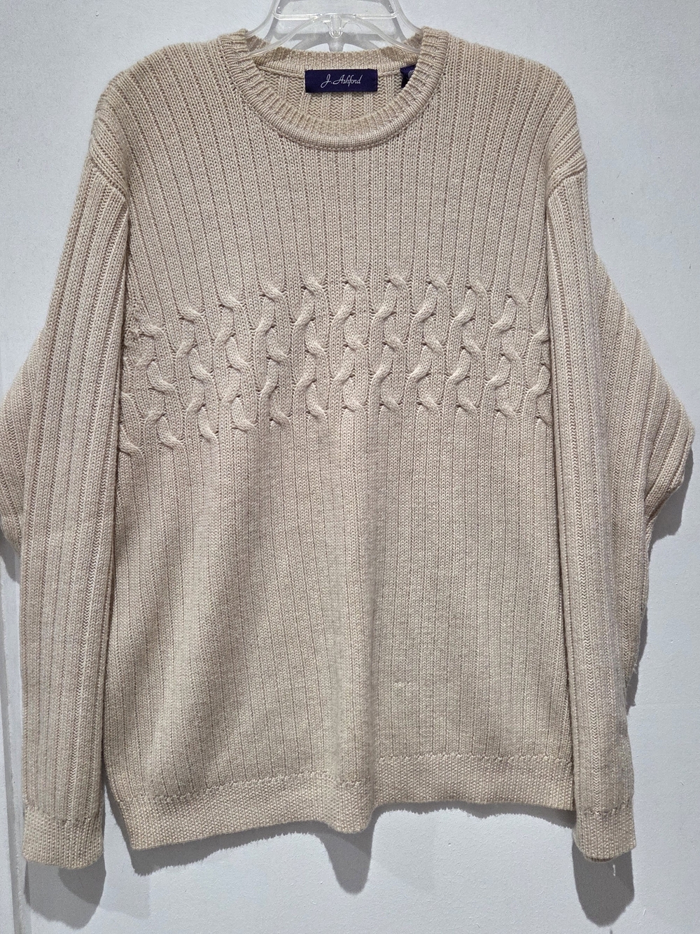 John Ashford Men's Crewneck Cable Knit Sweater in Light Cream